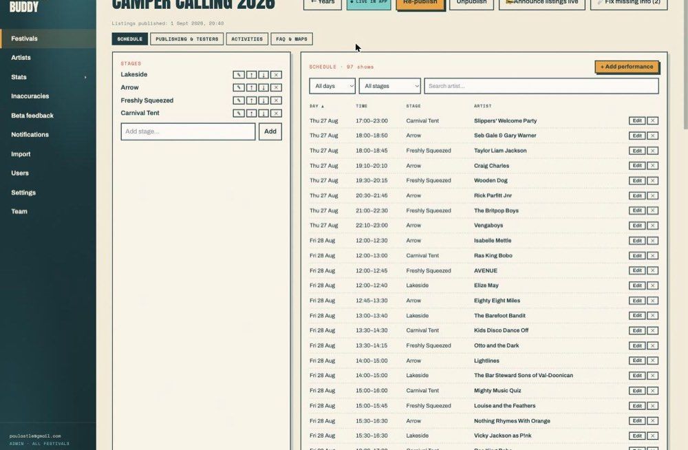 The festival editing screen: stages, days and performances
