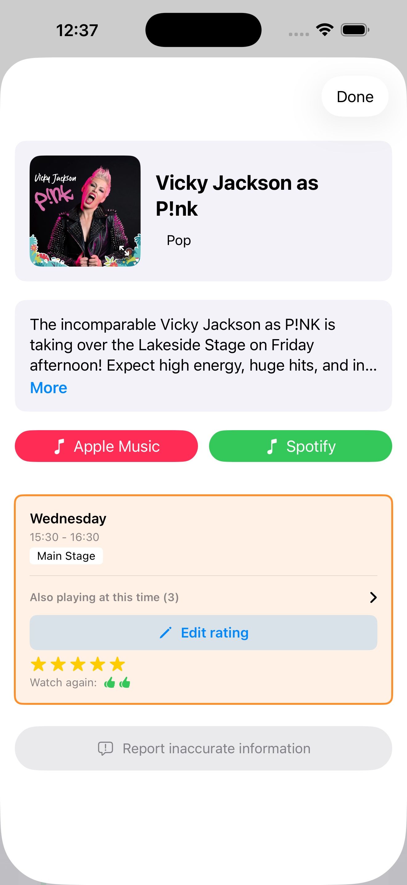 An artist page with write-up, Apple Music and Spotify links and a rating