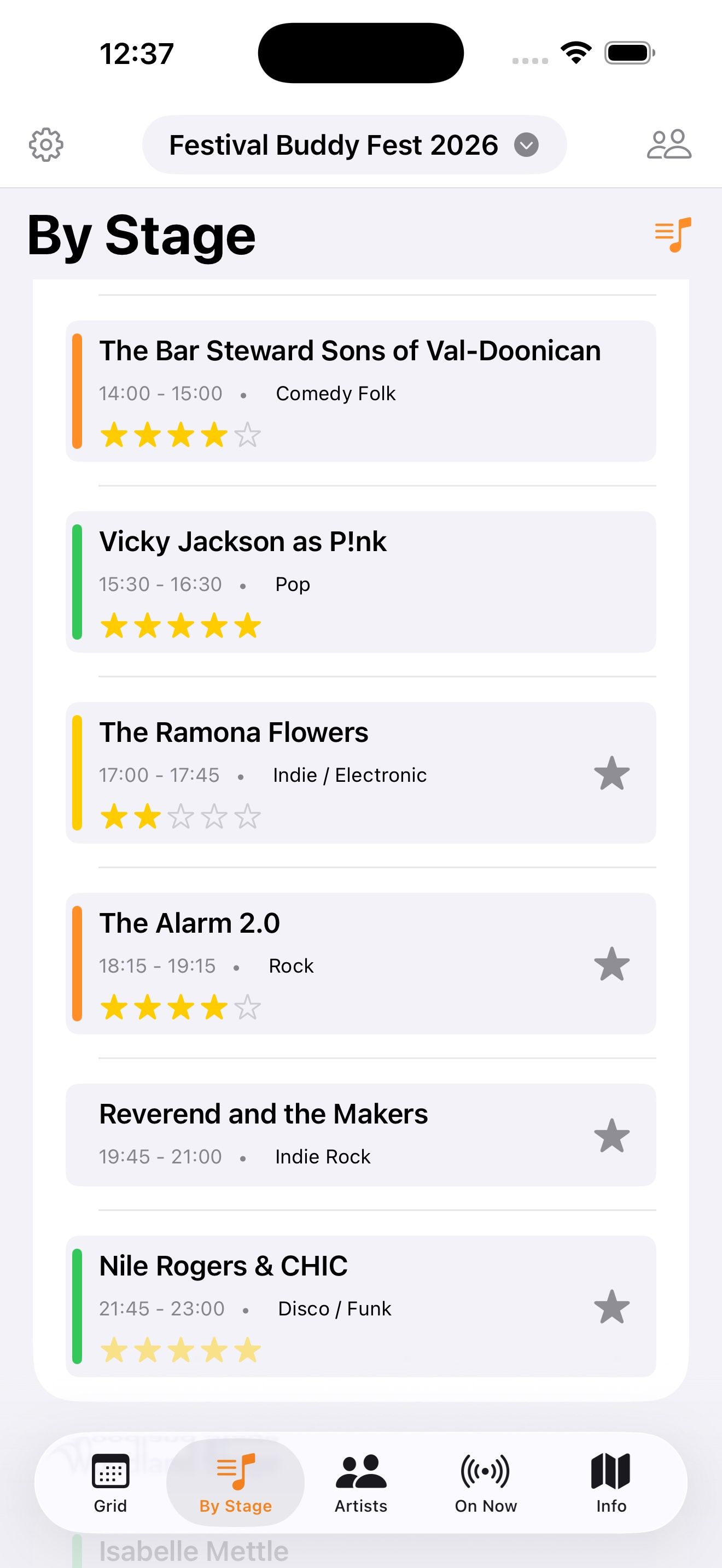 The by-stage schedule on iPhone, with star ratings