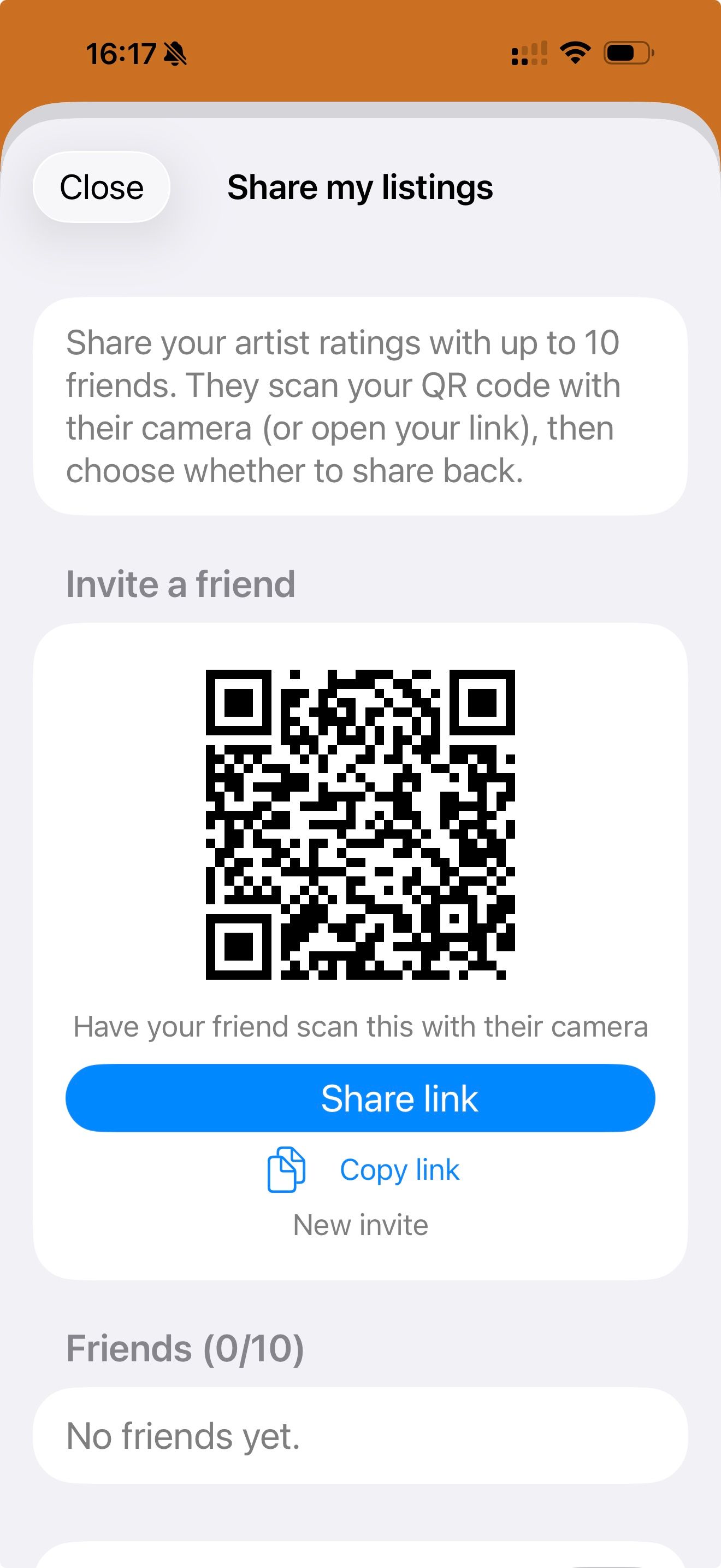 Share my listings: a QR code a friend scans to swap lineups