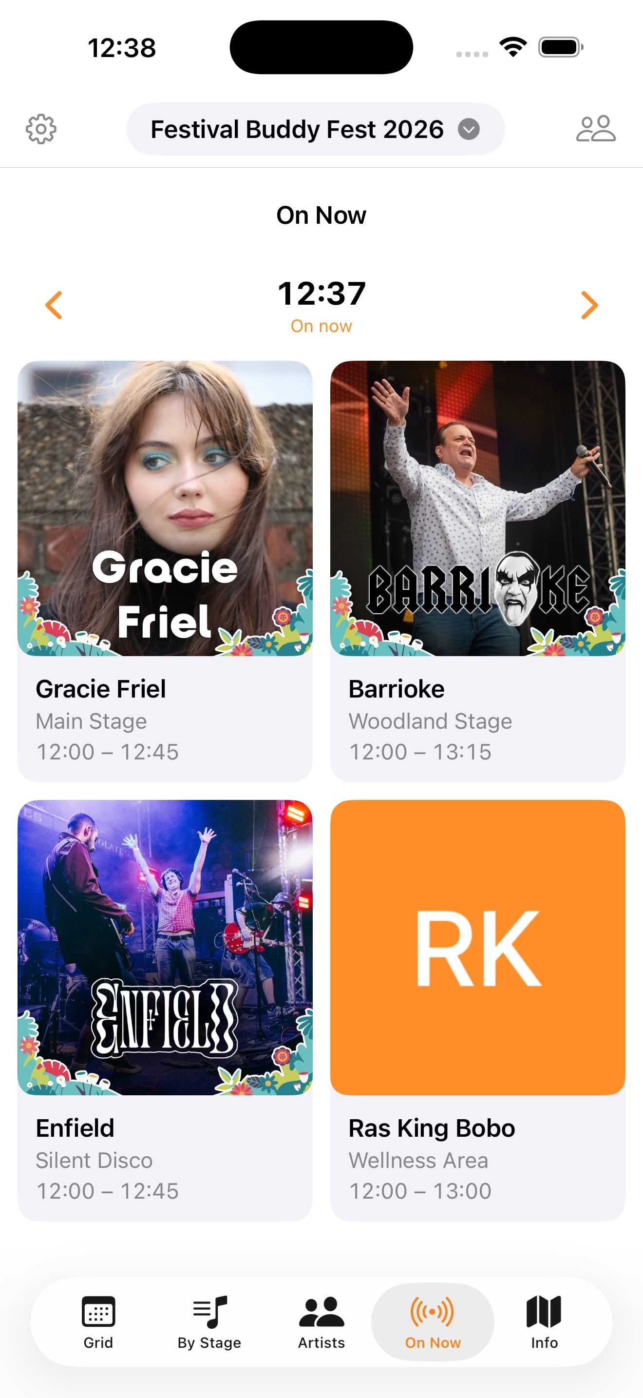 On Now: what is playing on each stage right now