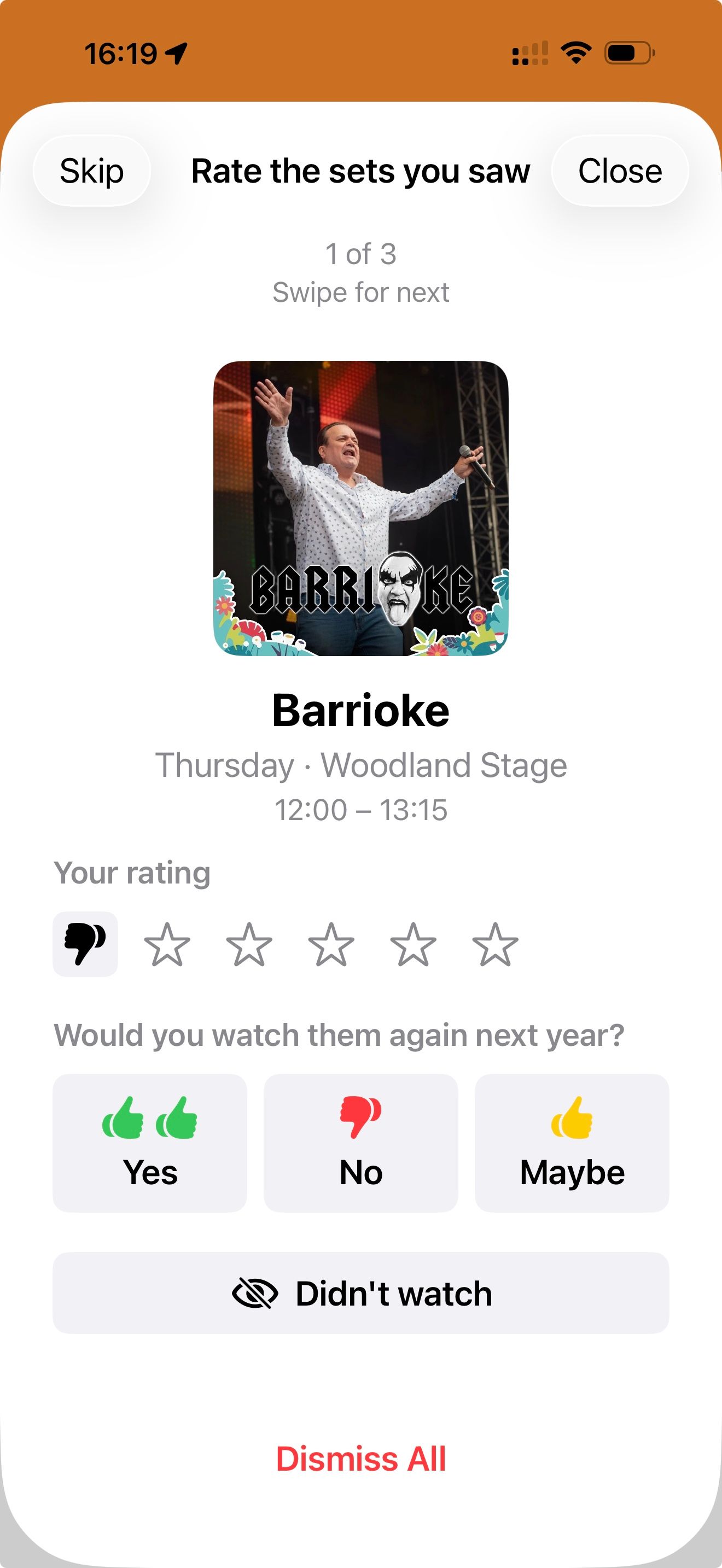 Rate the sets you saw: your rating and whether you would watch them again