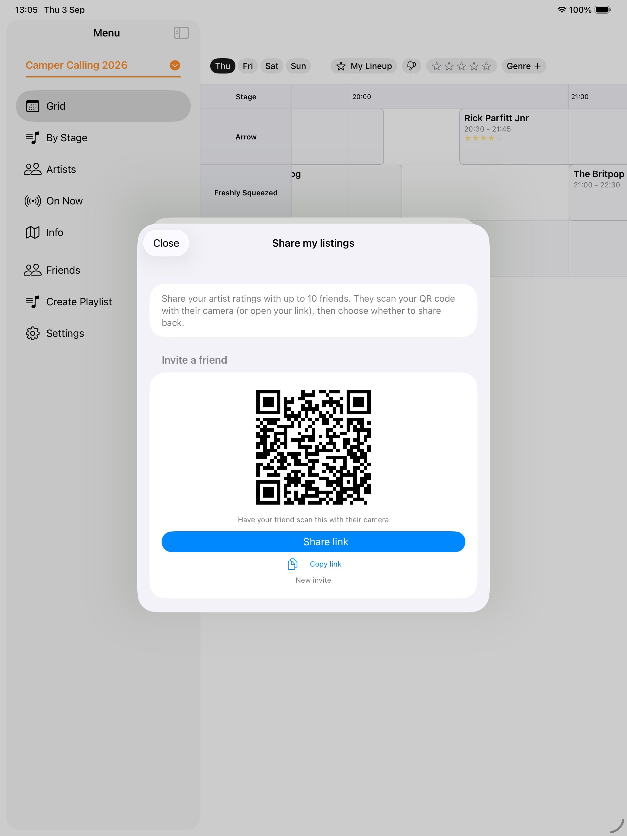 Share my listings: a QR code a friend scans to swap lineups