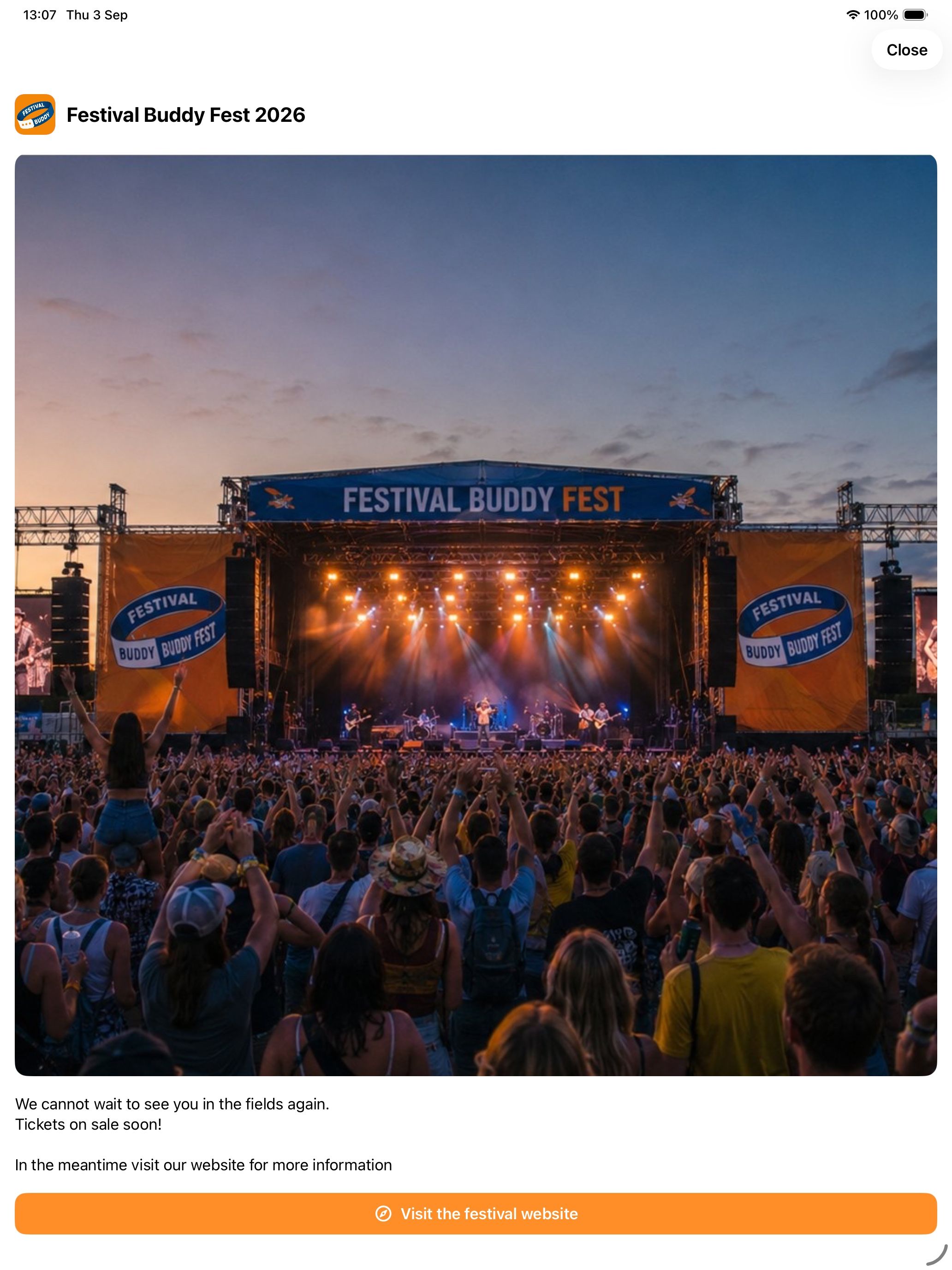 A festival welcome card with a photo and a link to the festival website